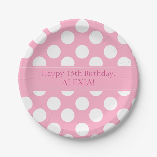Personalised Pink and White Polka Dot Paper Plates (Front)