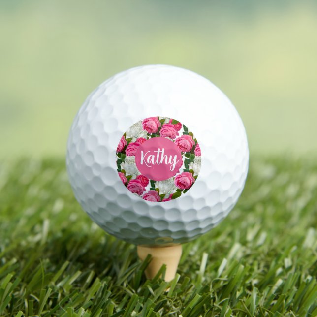 Personalised Pink and White Rose Floral for Her  Golf Balls (Insitu Tee)