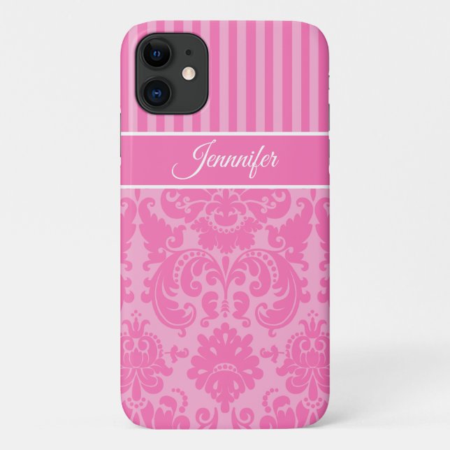 Personalised Pink and White Striped Damask Case-Mate iPhone Case (Back)