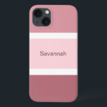 Personalised Pink And White Stripes Modern iPhone 13 Case<br><div class="desc">Cute and stylish cell phone case with a pink and white stripe pattern. Multiple shades of large pink stripes plus small white stripes. Personalised with your name printed in a rose text.</div>