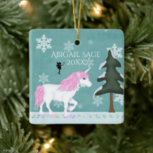 Personalised Pink and White Unicorn and Fairy Ceramic Ornament