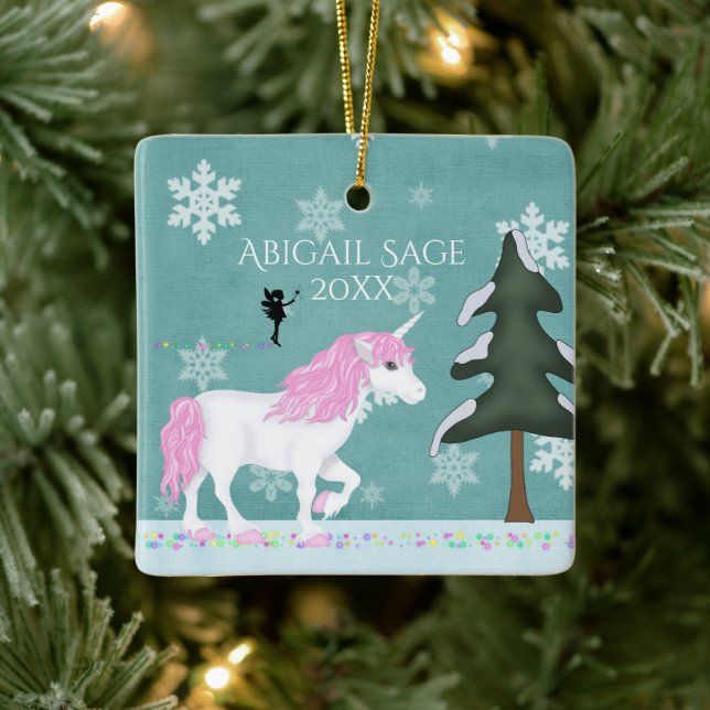 Personalised Pink and White Unicorn and Fairy Ceramic Ornament (Tree)