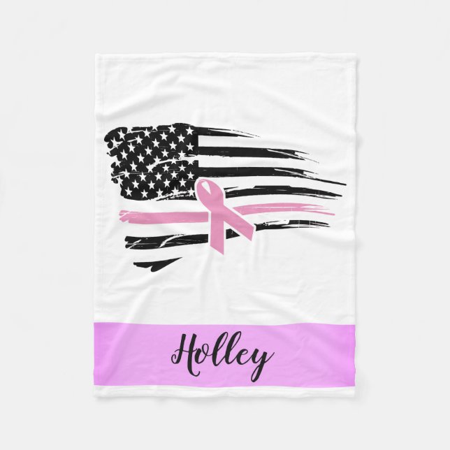 Personalised Pink Awareness Ribbon American Flag Fleece Blanket (Front)