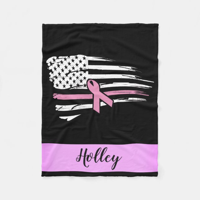 Personalised Pink Awareness Ribbon American Flag Fleece Blanket (Front)