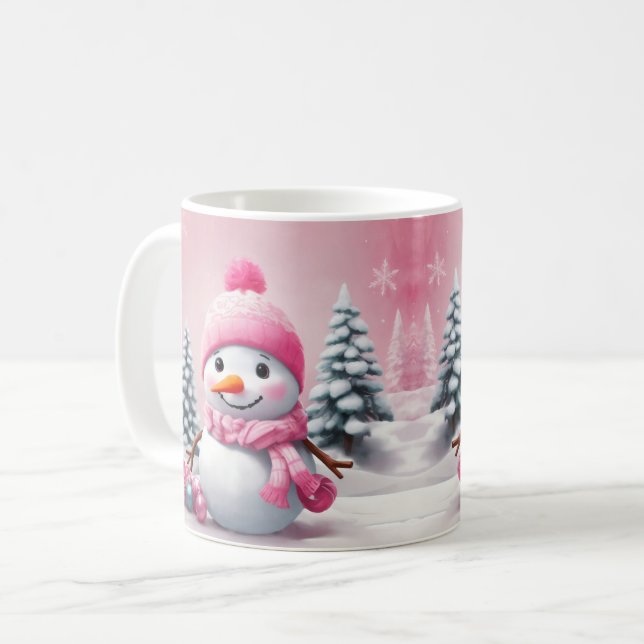 Personalised Pink Baby Christmas Snowman Coffee Mug (Front Left)