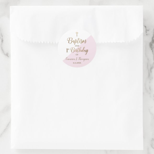 Personalised Pink Baby Girl baptism first birthday Classic Round Sticker (Bag)