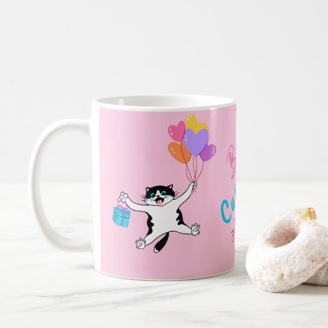 Personalised Pink Best Cat Mum Ever Coffee Mug (With Donut)