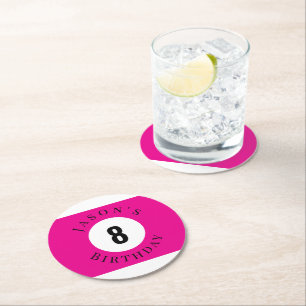 Personalised Pink Billiard Pool Ball Birthday Round Paper Coaster