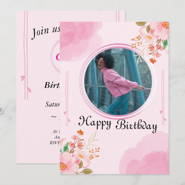 Personalised Pink Birthday Invitation (Front/Back)