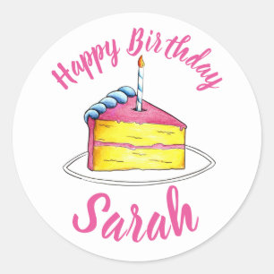 Personalised Pink Birthday Party Cake Slice Candle Classic Round Sticker