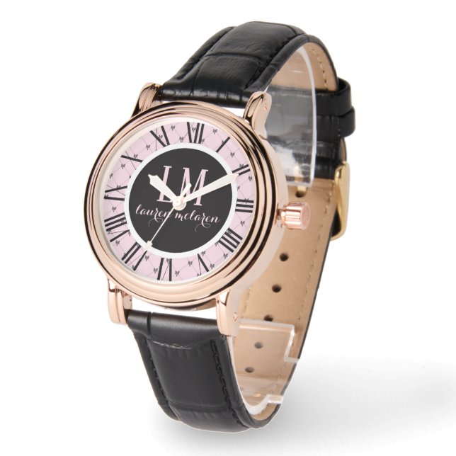 Personalised Pink & Black Bow Watch (Angle)