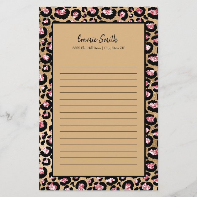Personalised Pink Black Brown Cheetah Leopard Line Stationery (Front)