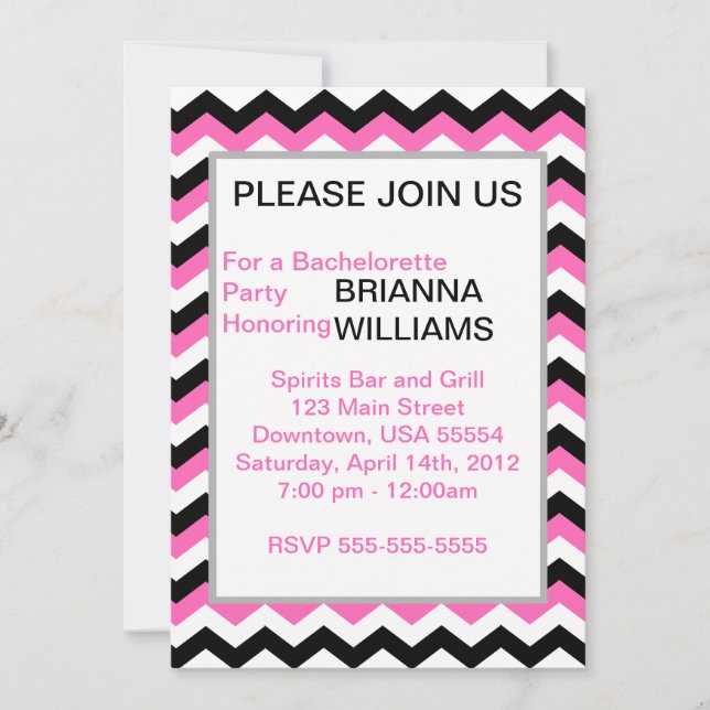 Personalised Pink & Black Chevron Bachelorette Invitation (Front)