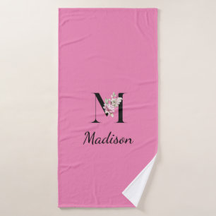 Personalised pink, black elegant monogram bath towel set