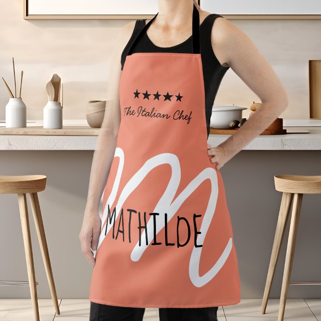 Personalised Pink Black Modern Script Monogram Apron (Personalized Modern Elegant Pink Monogram Chef Apron)