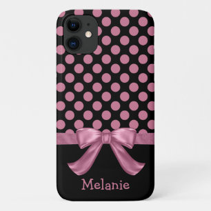 Personalised Pink Black Polka Dot Ribbon Bow iPhone 11 Case
