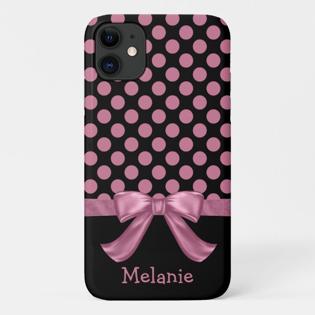 Personalised Pink Black Polka Dot Ribbon Bow Case-Mate iPhone Case (Back)