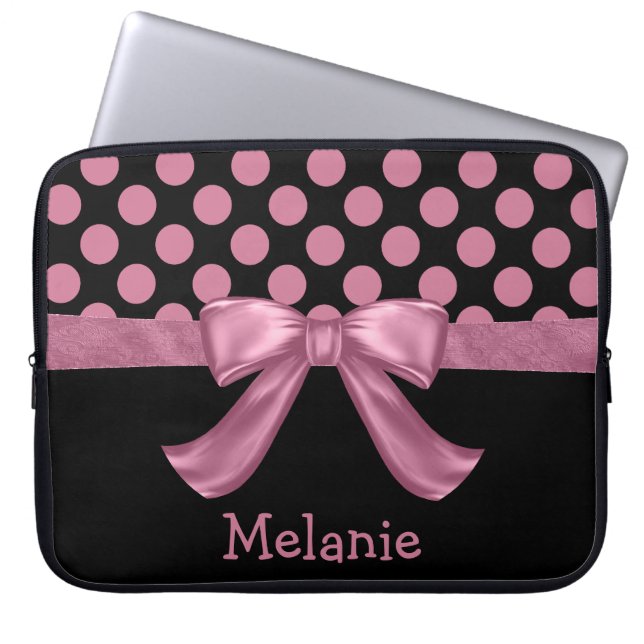 Personalised Pink Black Polka Dot Ribbon Bow Laptop Sleeve (Front)
