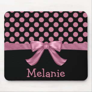 Personalised Pink Black Polka Dot Ribbon Bow Mouse Mat