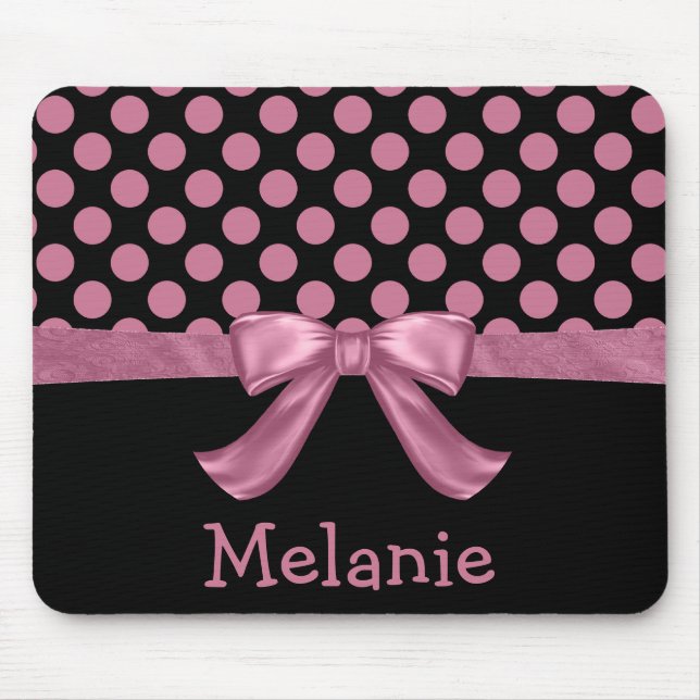 Personalised Pink Black Polka Dot Ribbon Bow Mouse Mat (Front)