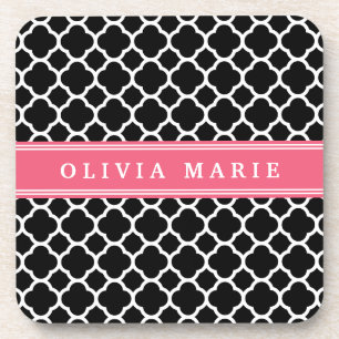 Personalised Pink Black Quatrefoil Pattern Coaster