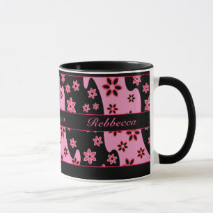 Personalised pink black  red floral pattern mug