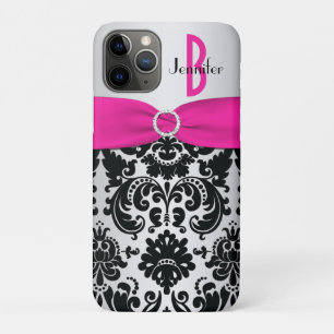 Personalised Pink, Black, Silver Damask iPhone 11 Pro Case