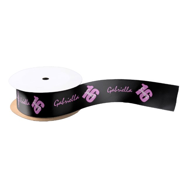 Personalised Pink & Black Sweet 16 Birthday Ribbon Satin Ribbon (Spool)