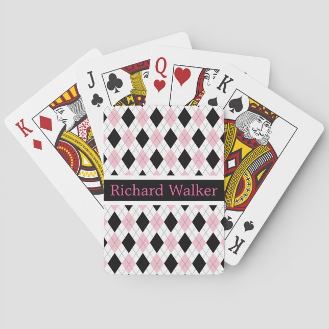 Personalised Pink Black White Argyle Pattern Playing Cards (Back)