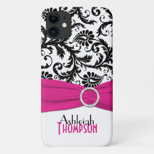Personalised Pink, Black, White Floral Damask iPhone 11 Case