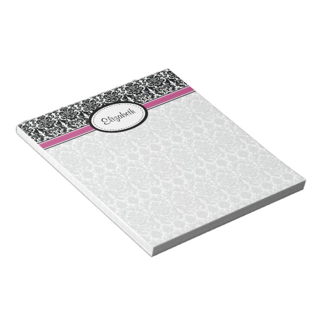 Personalised Pink, Black, White Floral Damask Notepad (Angled)