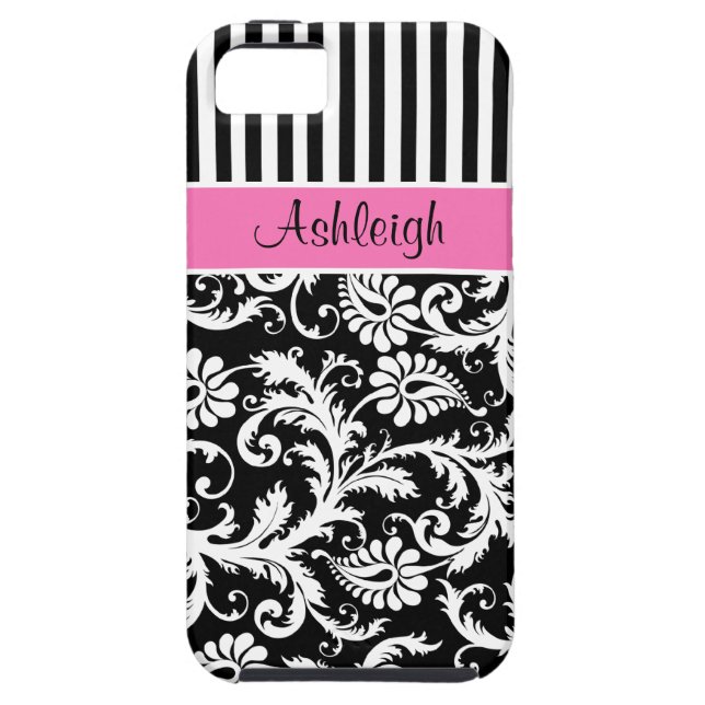 Personalised Pink, Black, White Striped Damask Case-Mate iPhone Case (Back)