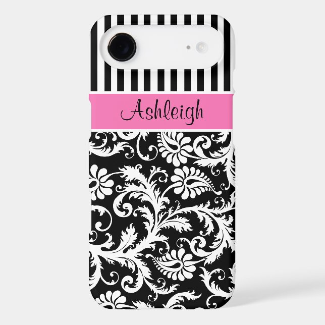Personalised Pink, Black, White Striped Damask Case-Mate iPhone Case (Back)