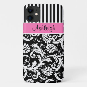 Personalised Pink, Black, White Striped Damask iPhone 11 Case