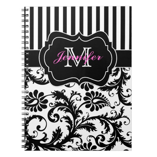 Personalised Pink Black White Striped Damask Notebook (Front)