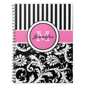 Personalised Pink Black White Striped Damask Notebook
