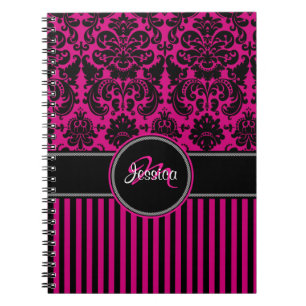 Personalised Pink Black White Striped Damask Notebook