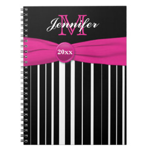 Personalised Pink Black White Striped Notebook