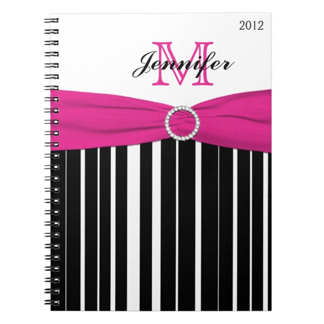 Personalised Pink Black White Striped Notebook (Front)