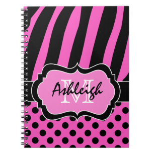 Personalised Pink Black White Striped Polka Dots Notebook