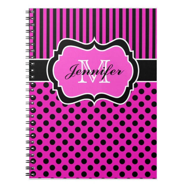Personalised Pink Black White Striped Polka Dots Notebook (Front)