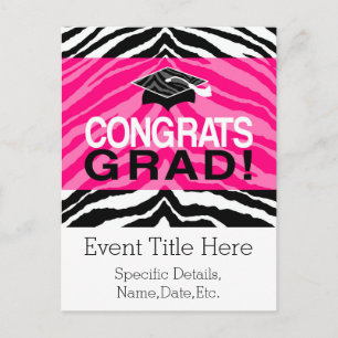 Personalised Pink Black Zebra Graduation Party Invitation Postcard
