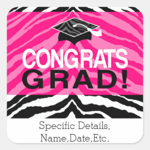 Personalised Pink Black Zebra Graduation Party Square Sticker