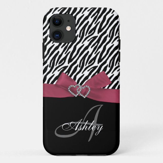 Personalised Pink, Black Zebra Stripes Monogram Case-Mate iPhone Case (Back)