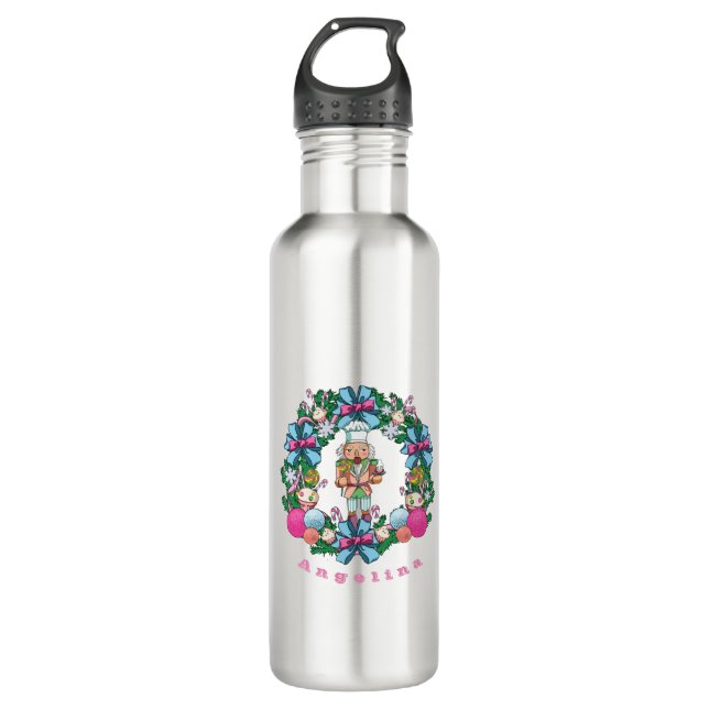 Personalised Pink Blue Christmas Nutcracker Wreath 710 Ml Water Bottle (Front)