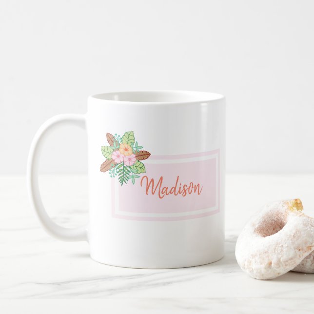 Personalised Pink Boho Floral Coffee Mug (With Donut)