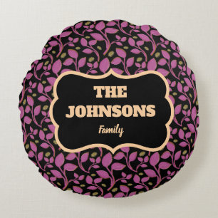  Personalised Pink Botanical Family name design  Round Cushion