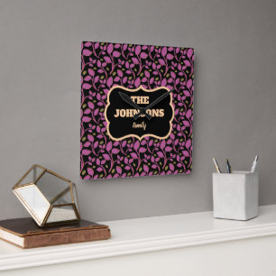  Personalised Pink Botanical Family name design  Square Wall Clock