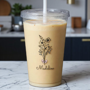 Personalised Pink Bow Birth Month Flower Acrylic Tumbler