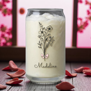 Personalised Pink Bow Birth Month Flower Can Glass